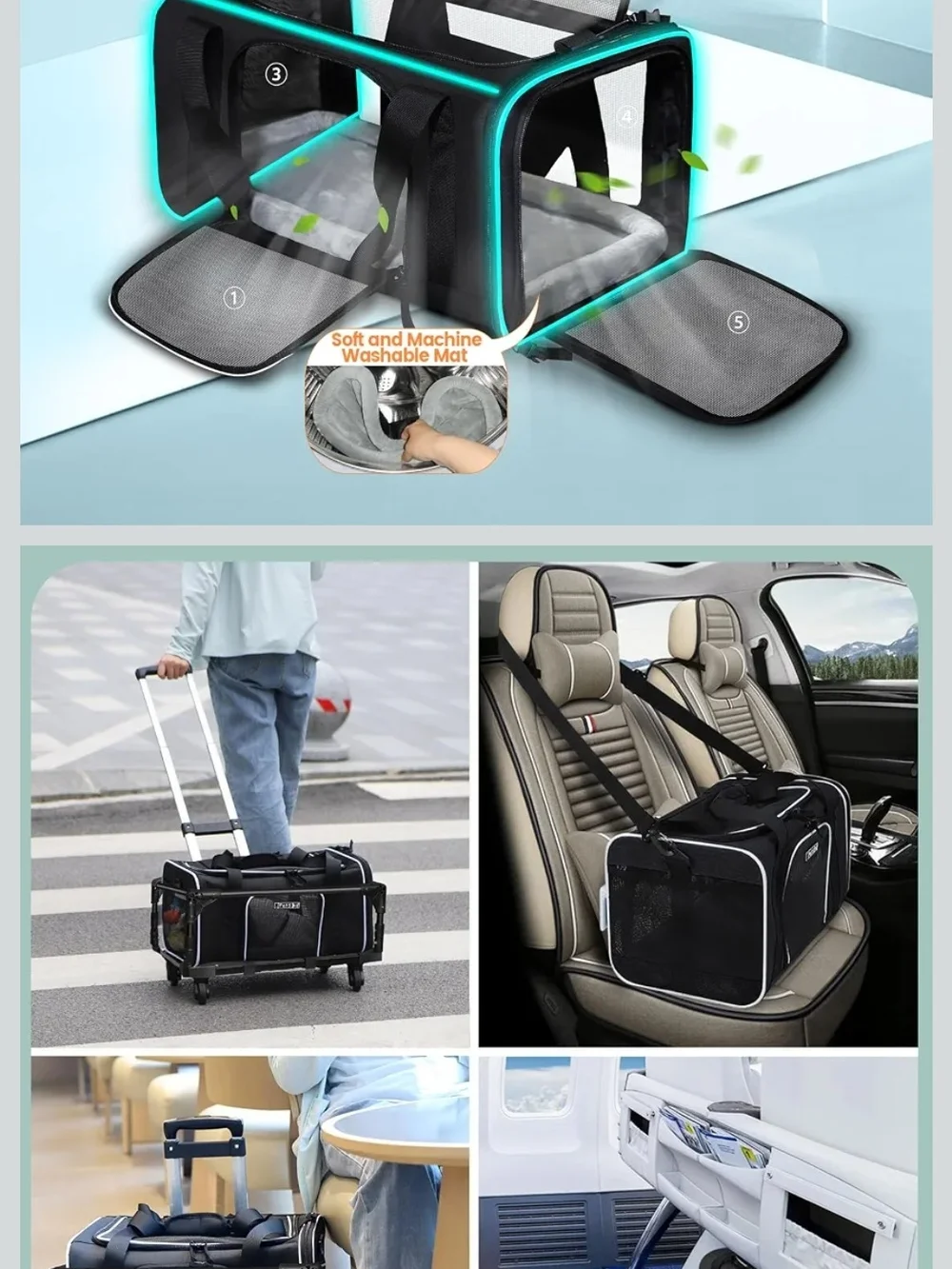 Wheeled Pet Carrier Tote Bag - Black